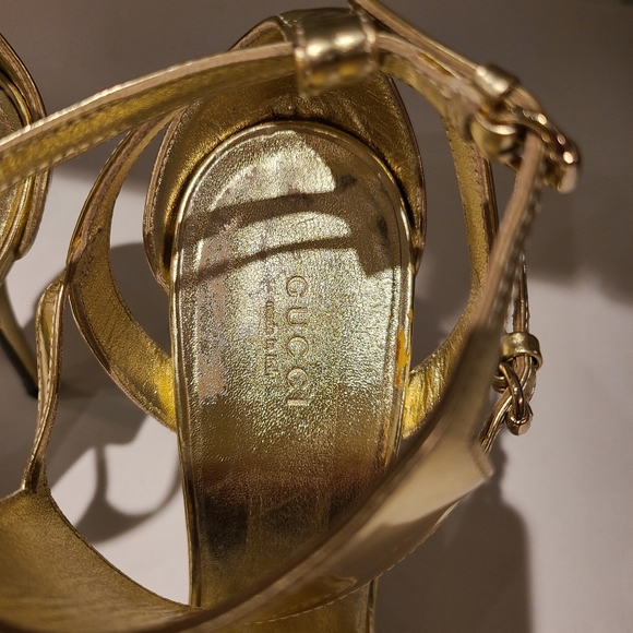 Gucci Metallic Gold Leather Sandals with Ankle Strap 10B - Picture 10 of 15